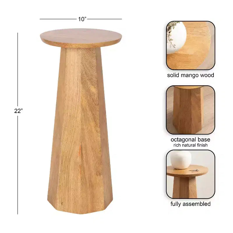 Mesa auxiliar de pedestal redonda de madera en marrón nogal/natural, individual