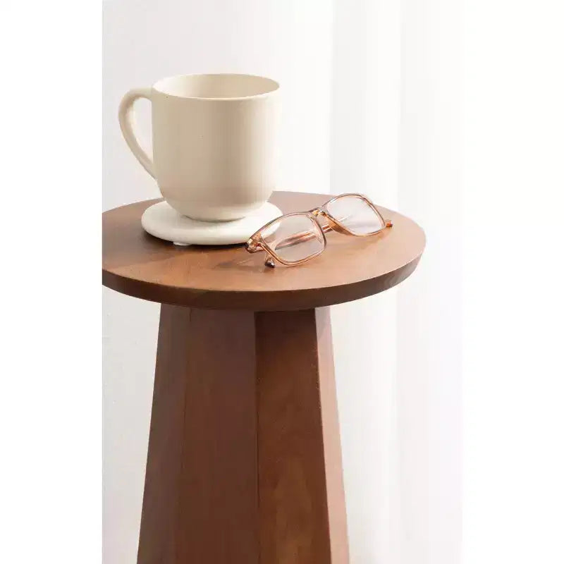 Mesa auxiliar de pedestal redonda de madera en marrón nogal/natural, individual