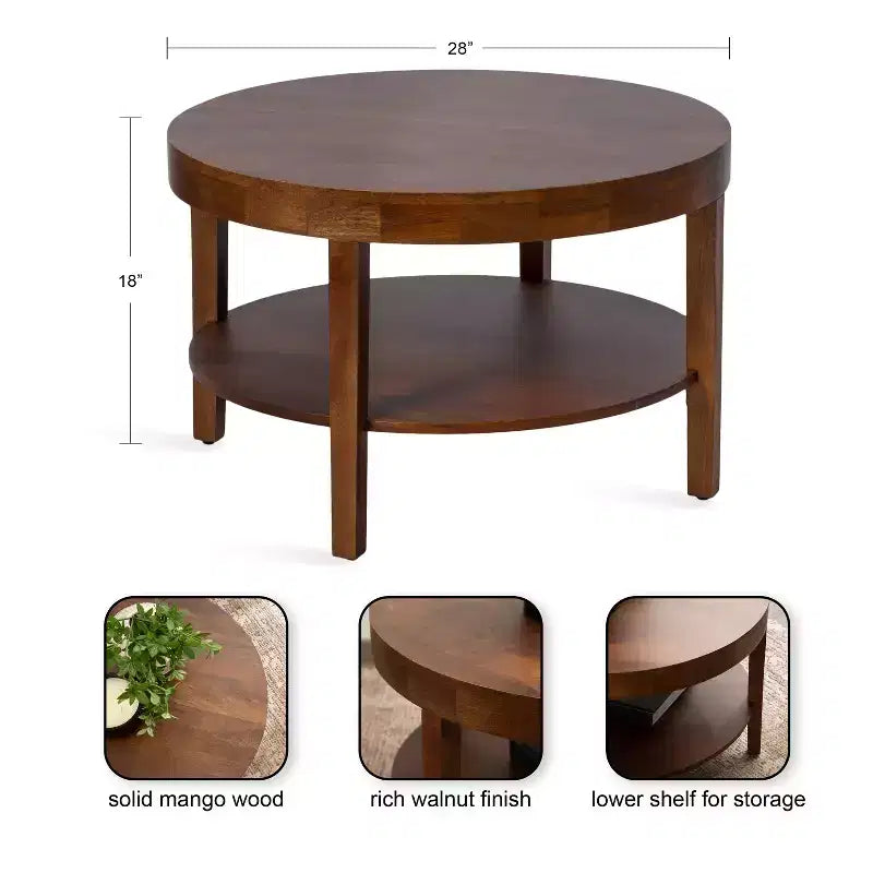 Mesa de centro redonda de madera maciza de 2 niveles Nogal natural/Marrón