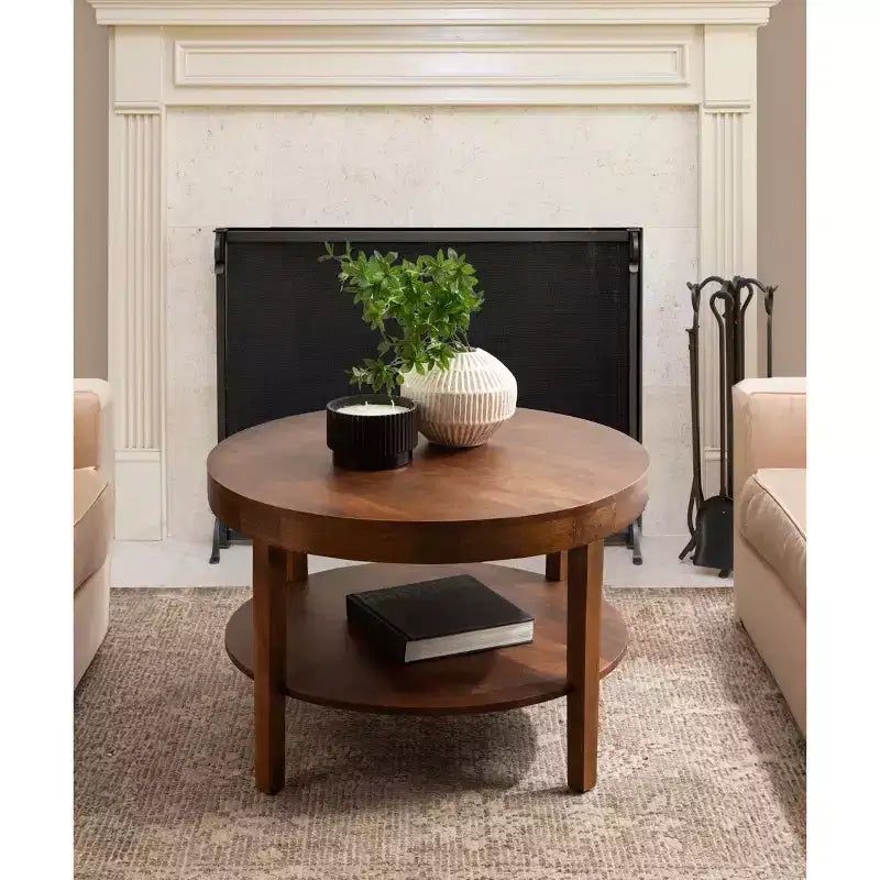 Mesa de centro redonda de madera maciza de 2 niveles Nogal natural/Marrón