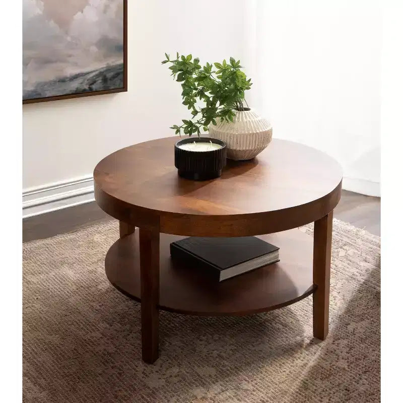 Mesa de centro redonda de madera maciza de 2 niveles Nogal natural/Marrón