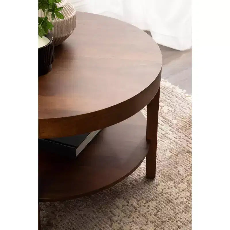 Mesa de centro redonda de madera maciza de 2 niveles Nogal natural/Marrón