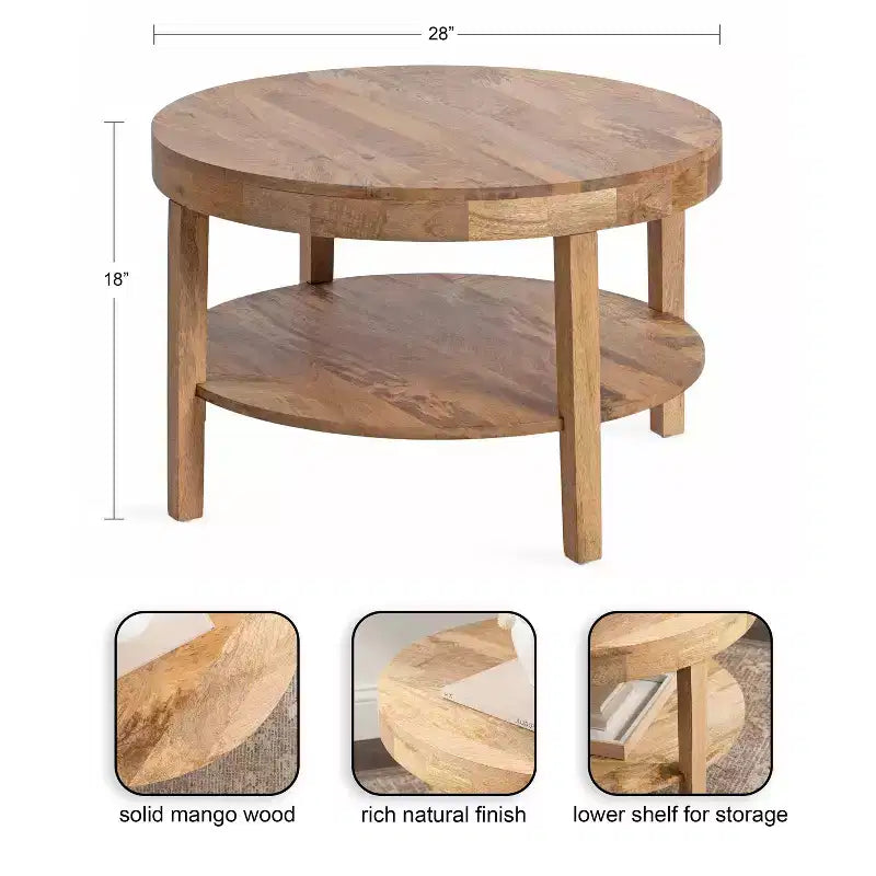 Mesa de centro redonda de madera maciza de 2 niveles Nogal natural/Marrón