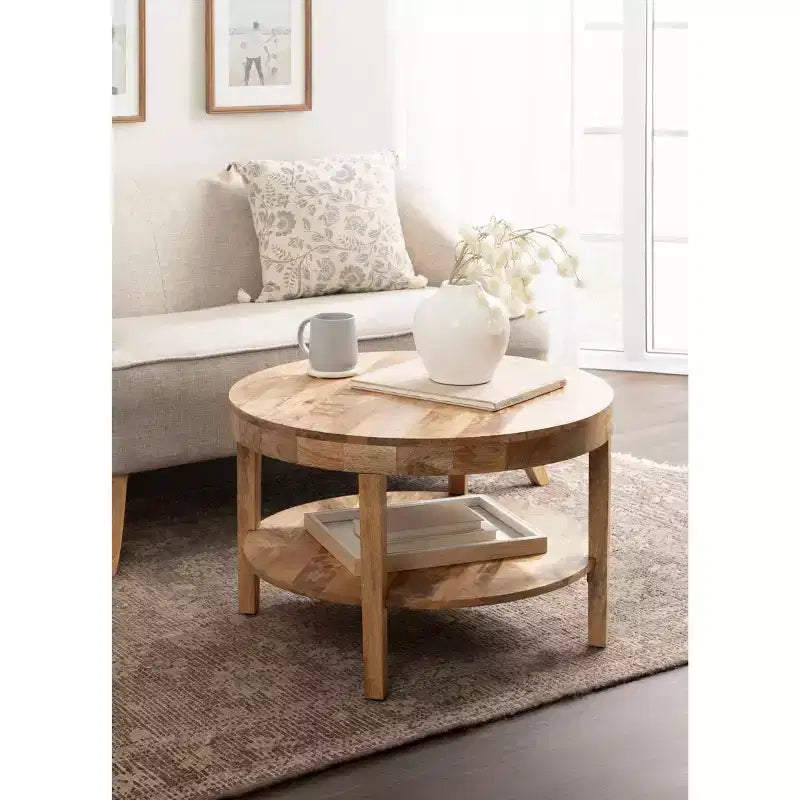 Mesa de centro redonda de madera maciza de 2 niveles Nogal natural/Marrón
