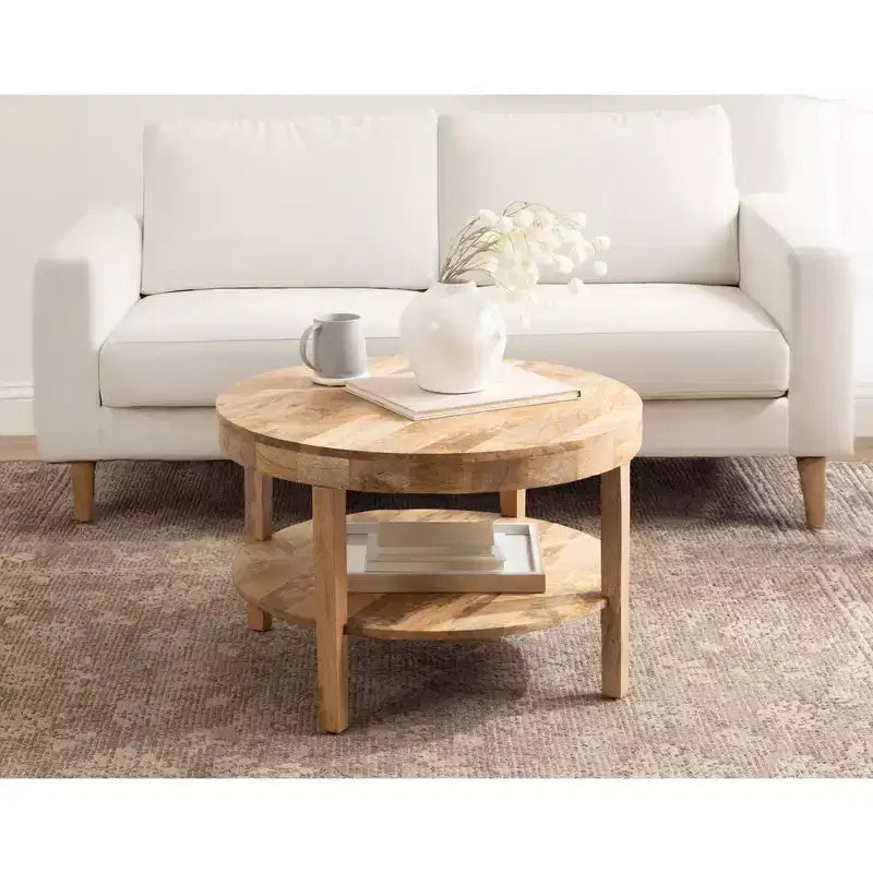 Mesa de centro redonda de madera maciza de 2 niveles Nogal natural/Marrón