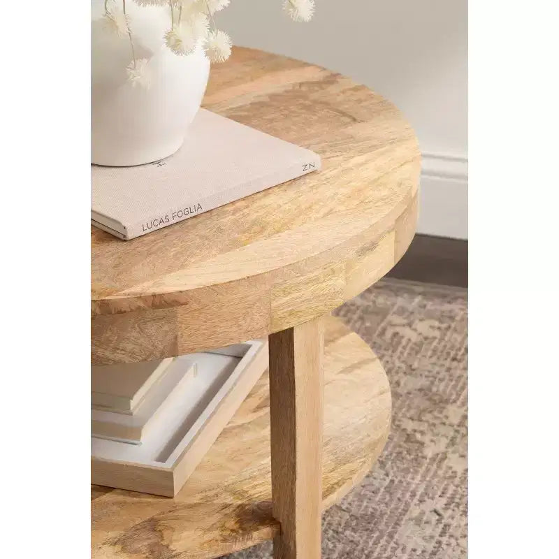 Mesa de centro redonda de madera maciza de 2 niveles Nogal natural/Marrón